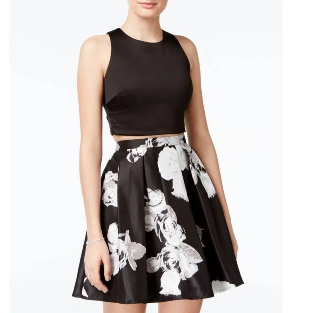 Sequin Hearts Black and White Peplum Prom Dress